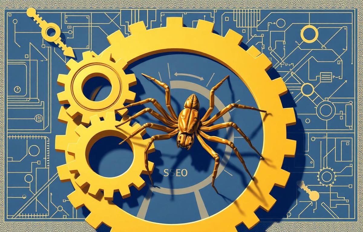 Blueprint-style illustration of search engine gears and crawler