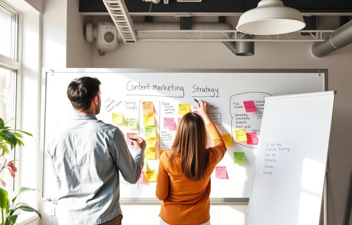 Two people planning content marketing strategy on a whiteboard