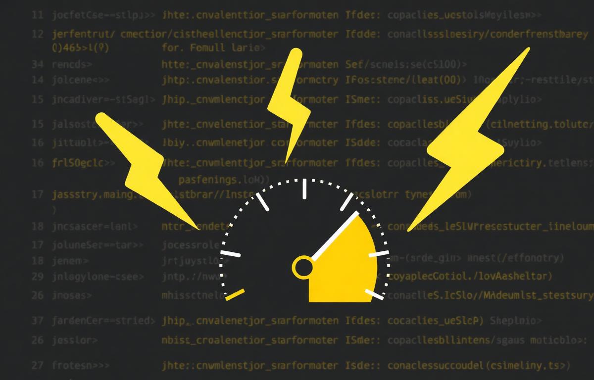 Code with speedometer and lightning bolts representing performance