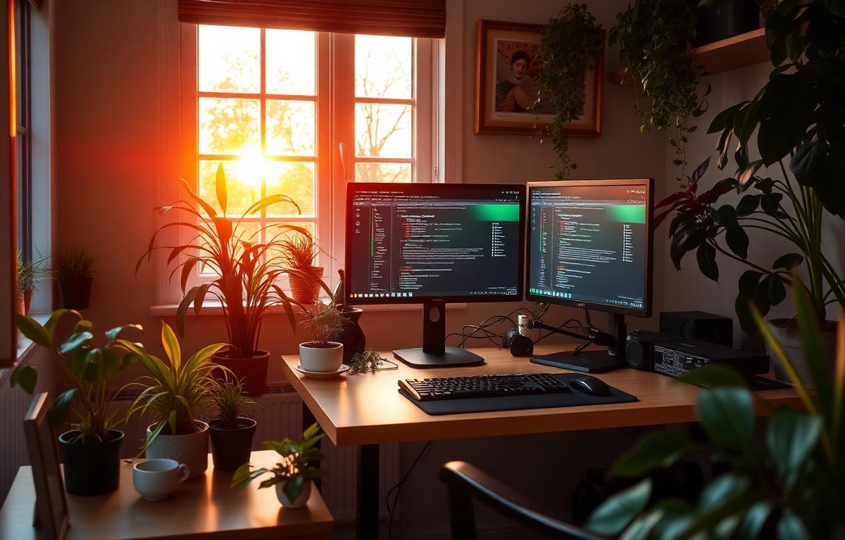 Cozy home office with dual monitors and golden hour light