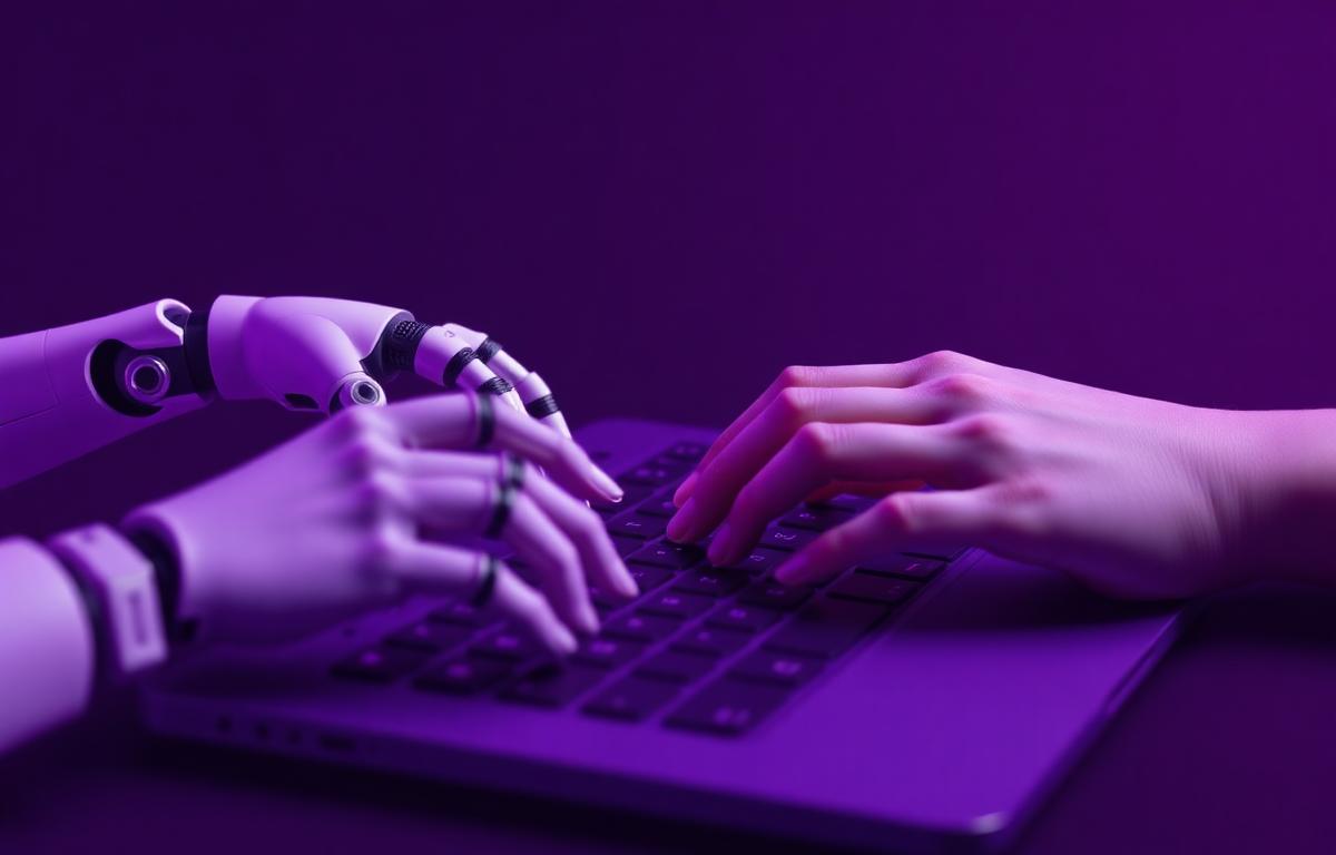 Robot hand and human hand typing together on a keyboard