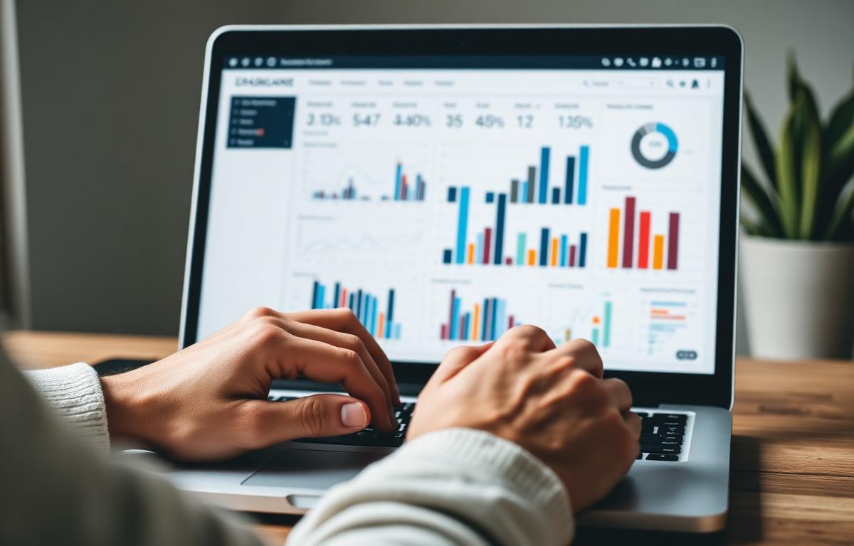 Person analyzing keyword research dashboard on laptop