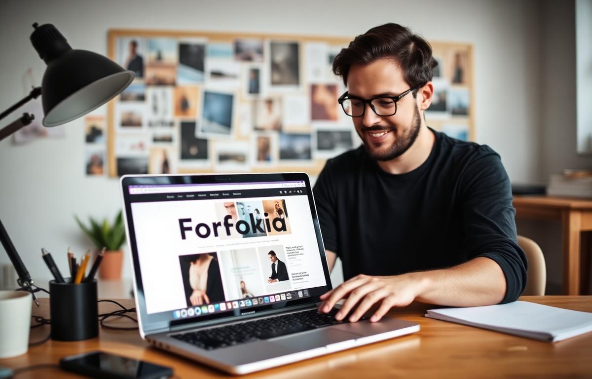 Designer building a portfolio website with a mood board behind them