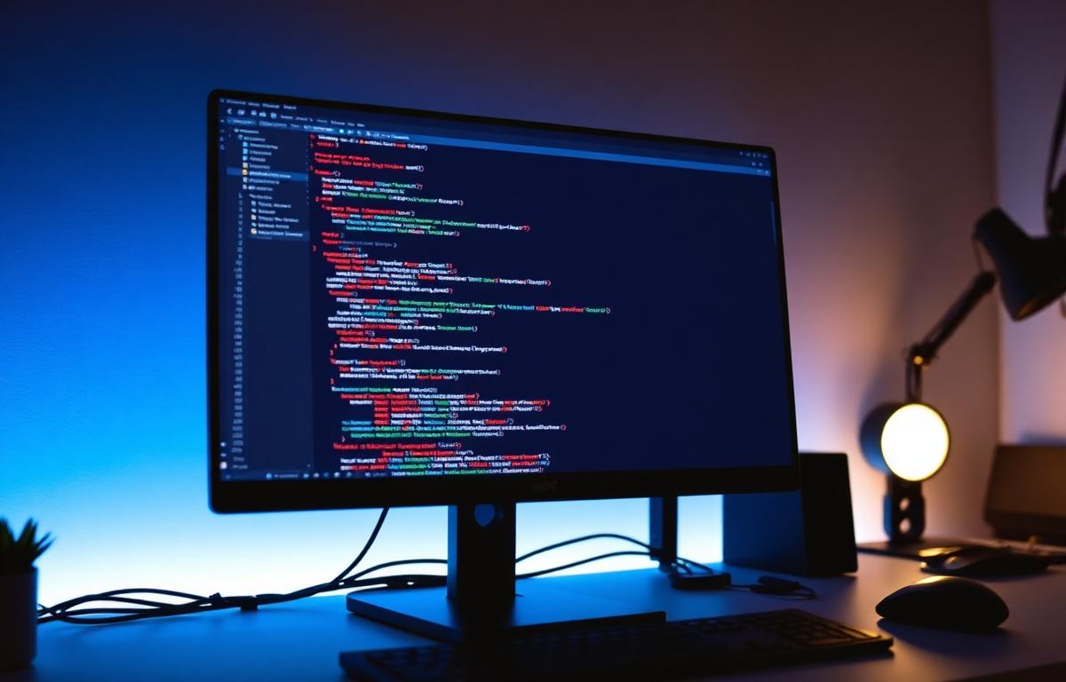 TypeScript code on monitor with blue ambient lighting